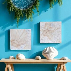 Costal Seashore Inspired Ocean Seashell & Starfish Canvas Wall Art Decor‎ Set